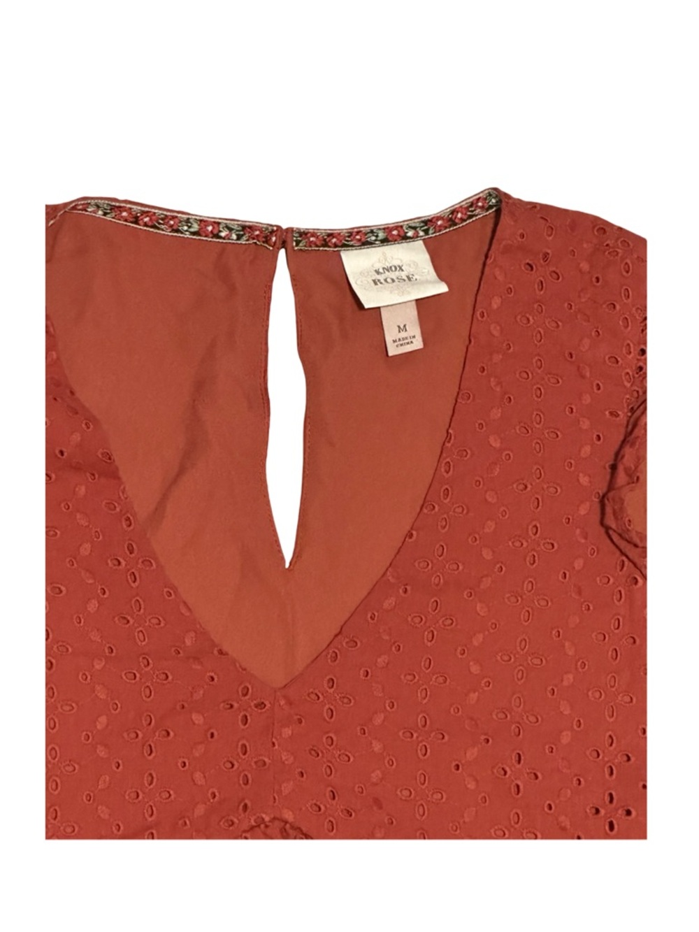 Knox Rose Eyelet Babydoll Dress Rust Orange Medium Boho V Neck - Picture 3 of 3